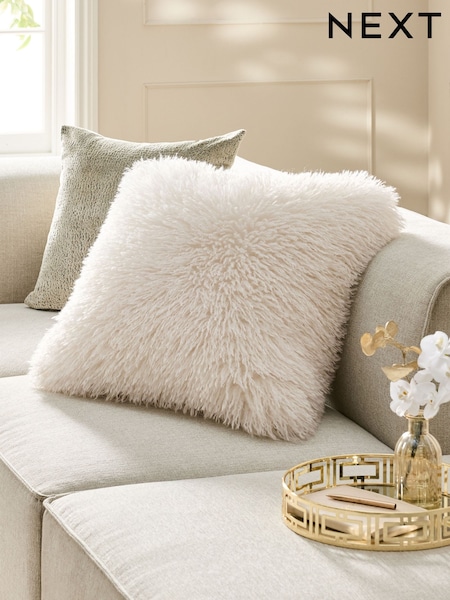 Ivory 59 x 59cm Mongolian Faux Fur Cushion (F11145) | £24