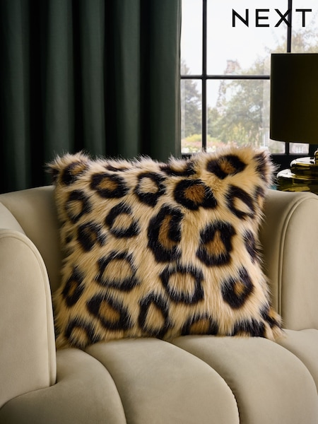 Brown 50 x 50cm Long Leopard Print Faux Fur Cushion (F11204) | £22