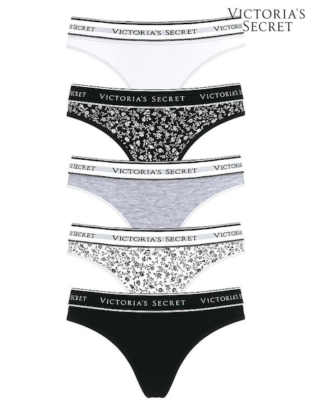 Victoria's Secret White/Grey/Black Thong Logo 5 Pack Knickers (F11276) | £27