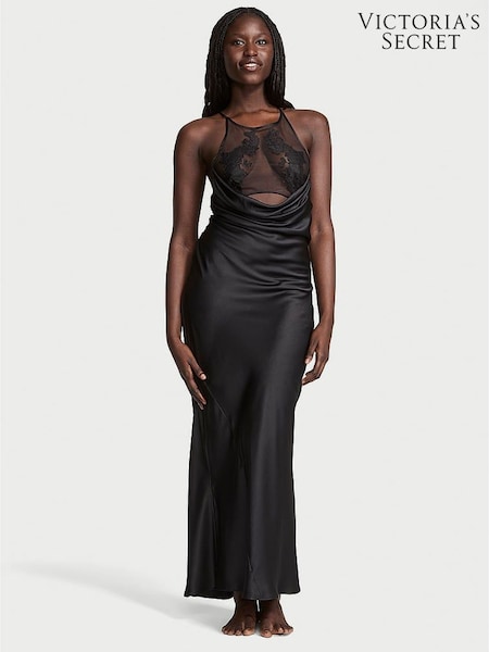 Victoria's Secret Black Sheer Rose Satin High Neck Long Slip Dress (F11289) | £85