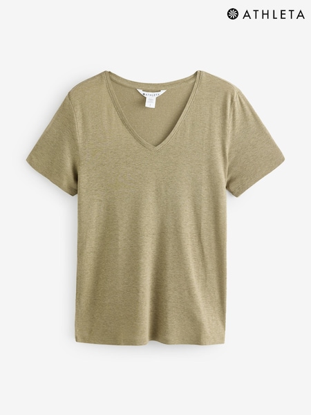 Athleta Green Getaway Linen Blend V-Neck Tee (F11361) | £35