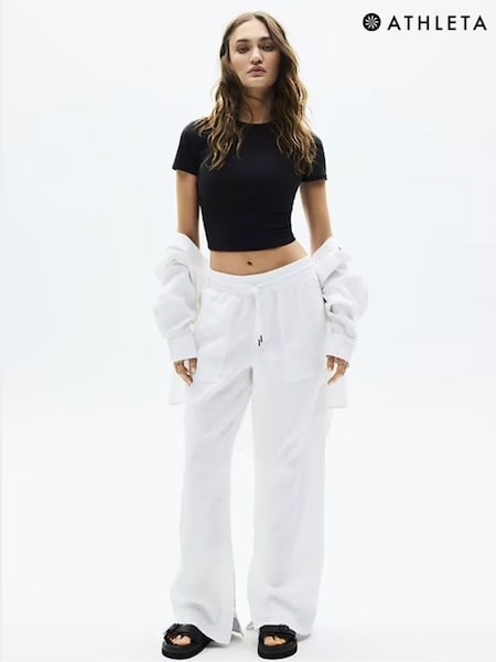Athleta White Retreat Linen Wide Leg Trousers (F11367) | £105