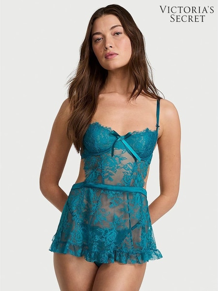 Victoria's Secret Pale Jade Blue Lace Unlined Balcony Babydoll Set (F11535) | £75