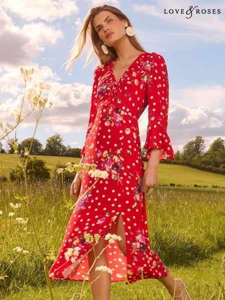 Love & Roses Red Printed Flute Sleeve Midi Dress (F11970) | £58