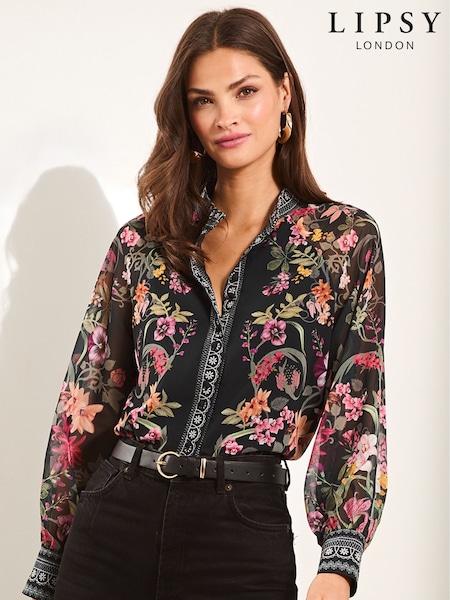 Lipsy Black 1 Long Sleeve Grandad Collar Blouse (F11972) | £42