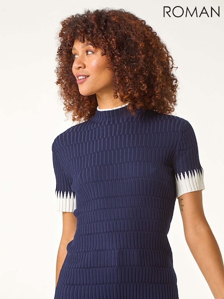 Roman Blue Ribbed Contrast Knit T-Shirt (F12243) | £40