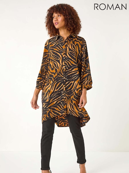 Roman Brown Animal Print V-Neck Longline Blouse (F12258) | £42