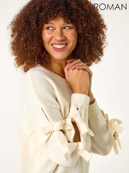 Roman White Bow Sleeve Detail Knit Jumper (F12263) | £45