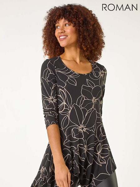Roman Brown Floral Textured Asymmetric Tunic Top (F12294) | £32