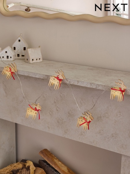 Brown Wooden Christmas Reindeer Fairy Lights (F12479) | £12