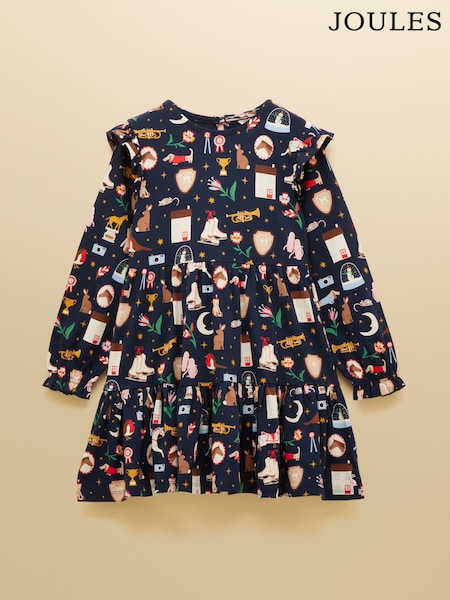 Joules Girls' Evie Navy Long Sleeve Tiered Jersey Dress (F12645) | £24 - £27