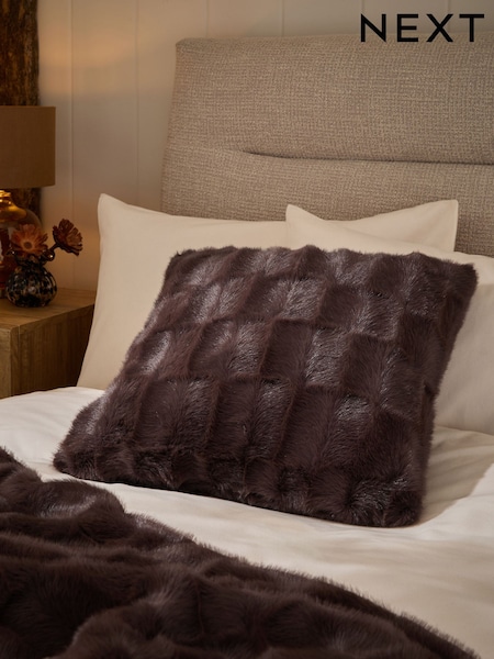 Brown Textured Faux Fur Check Cushion (F12647) | £18