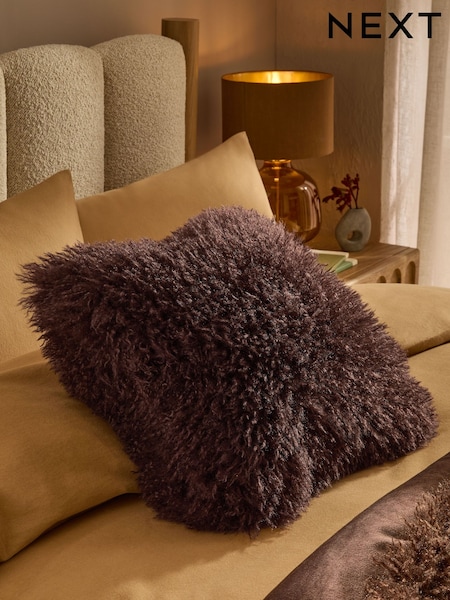 Brown 43 x 43cm Mongolian Faux Fur Cushion (F12651) | £16