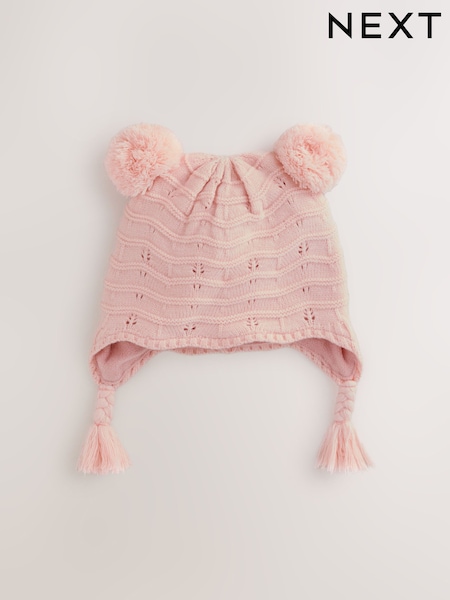 Pink Baby Pointelle Double Pom Trapper Hat (0mths-2yrs) (F12688) | £8