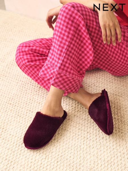 Burgundy Red Faux Fur Mule Slippers (F12771) | £12