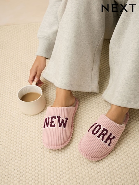 Pink Cord Slogan Mule Slippers (F12772) | £18