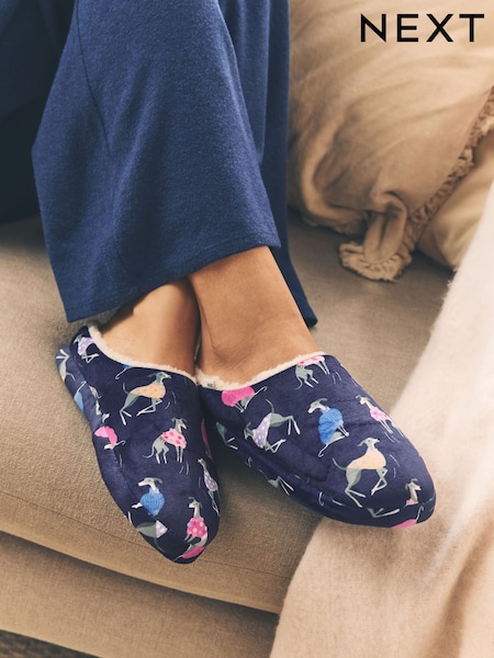 Navy Dog Print Navy Mule Dog Slippers (F12832) | £14