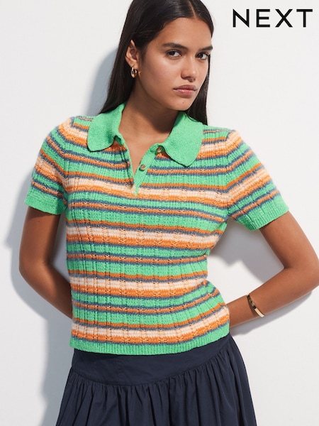 Bright Green Multi Stripe Short Sleeve Knitted Polo Top with Cotton (F12836) | £36