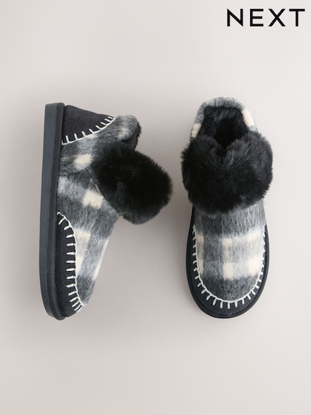 Grey Check Faux Fur Brush Boot Slippers (F12929) | £25