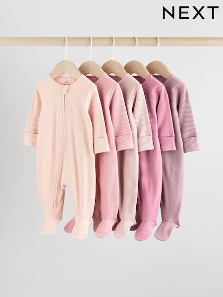 Pink 5 Pack Baby Two Way Zip Sleepsuits (0-2yrs) (F13055) | £25 - £27