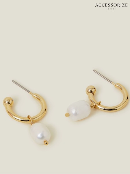 Accessorize Gold Tone 14ct Pearl Drop Hoop Earrings (F13331) | £17