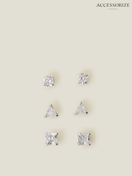 Accessorize White Sterling Silver Diamante Stud Earrings 3 Pack (F13336) | £17