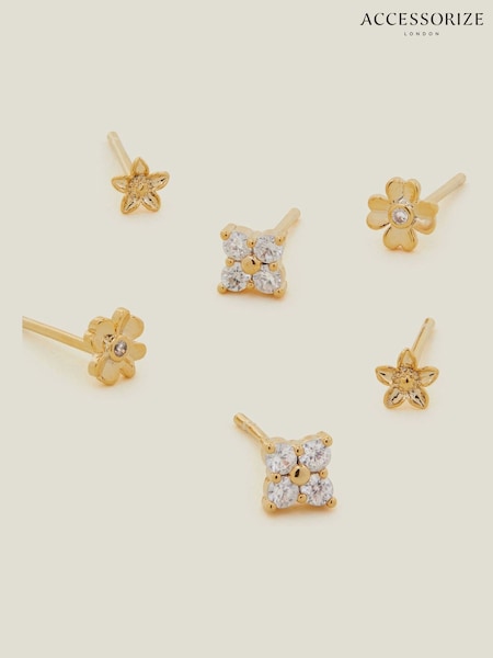 Accessorize Gold 14ct Flower Stud Earrings 3 Pack (F13337) | £18