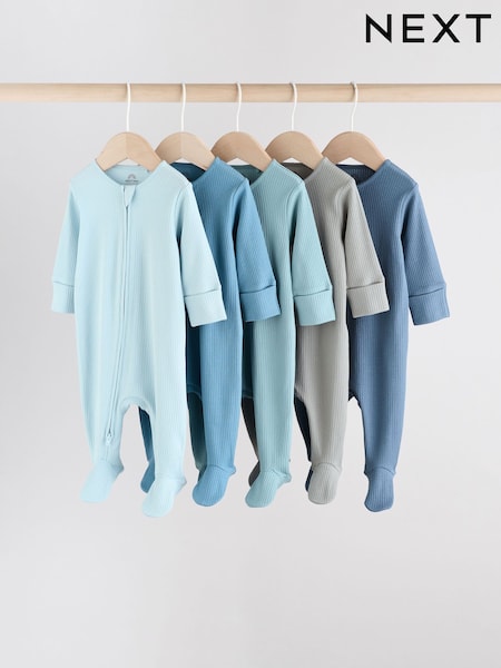 Blue 5 Pack Baby Two Way Zip Sleepsuits (0-2yrs) (F13420) | £25 - £27