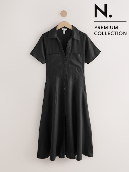 Black Premium 100% Linen Midi Shirt Dress (F13466) | £92