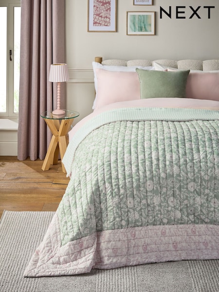 Pale Pink Floral Woodblock Quilted Bedpread (F13481) | £70 - £90
