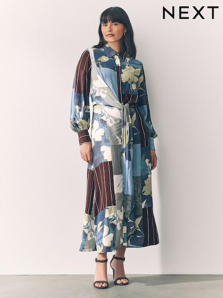 Blue/Brown Spliced Print Twist Front Maxi Shirt Dress (F13530) | £65