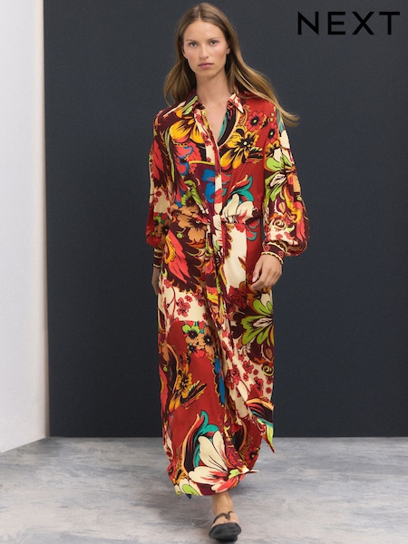 Dark Red Paisley Print Twist Front Maxi Shirt Dress (F13537) | £65