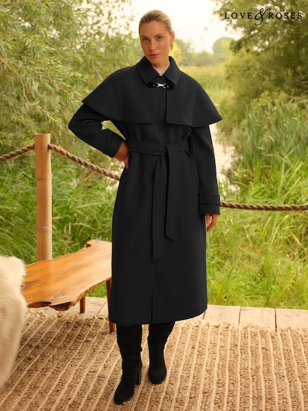 Love & Roses Black Longline Cape Coat (F13543) | £96