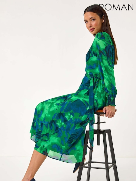 Roman Green Abstract Belted Midi Dress (F13568) | £58
