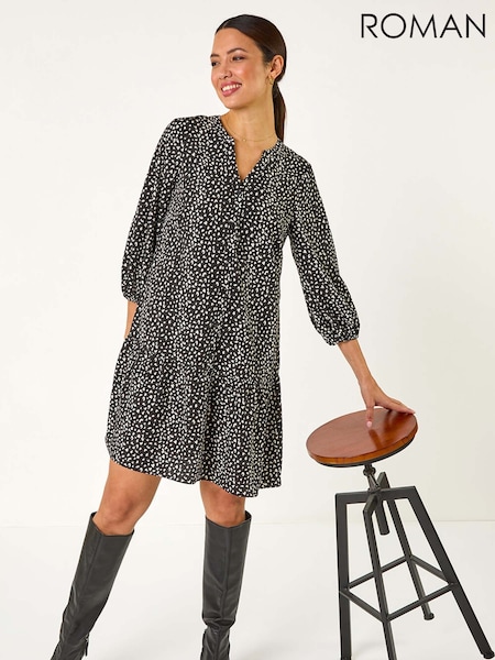 Roman Black Abstract Spot Frill Shirt Dress (F13585) | £45