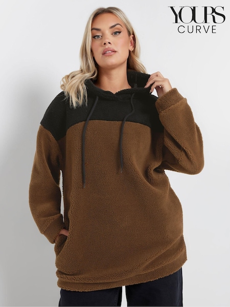 Yours Curve Brown Colourblock Teddy Hoodie (F13670) | £31