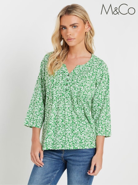 M&Co Green Petite 3/4 Sleeve 100% Cotton Henley Top (F13692) | £34