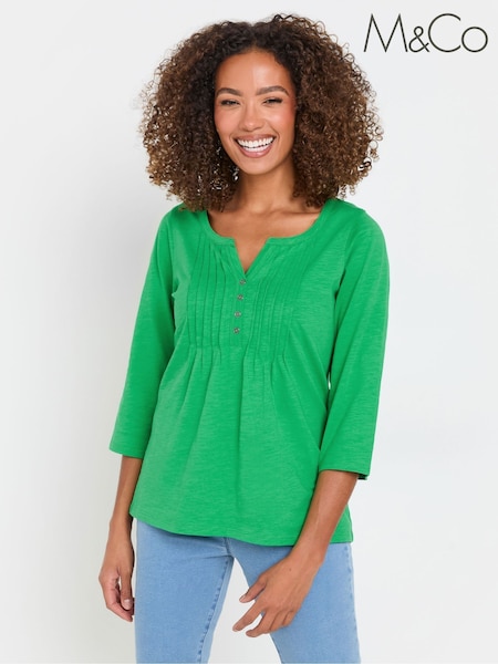 M&Co Green 3/4 Sleeve 100% Cotton Henley Top (F13719) | £24