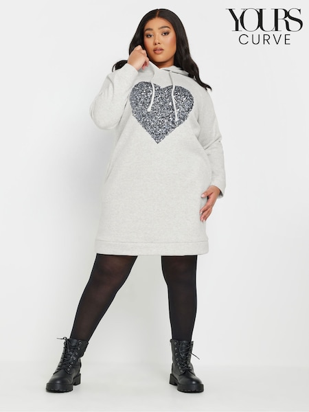 Yours Curve Grey Heart Embellished Hoodie Dress (F13726) | £34