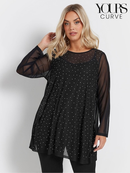 Yours Curve Black Oversized Studded Embellished Mesh Top (F13759) | £29
