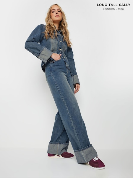 Long Tall Sally Blue Turn Up Wide Leg 100% Cotton Jeans (F13770) | £43