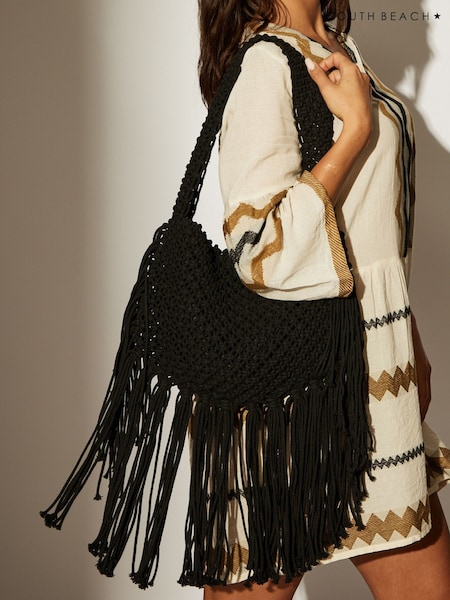 South Beach Black Fringe Detail 100% Cotton Shoulder Bag (F13789) | £38