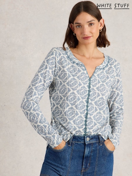 White Stuff Blue Nelly Embroidered Long Sleeves 100% Organic Cotton T-Shirt (F13883) | £35