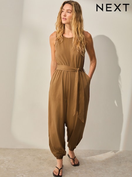 Khaki Green Sleeveless Jersey Tie Waist Jumpsuit (F13916) | £38