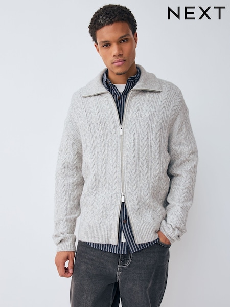 Grey Texture Relaxed Fit Cosy Zip Through Collared Cardigan with Wool (F14110) | £48