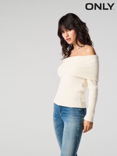 ONLY Cream Bardot Knitted Ribbed Jumper (F14192) | £26