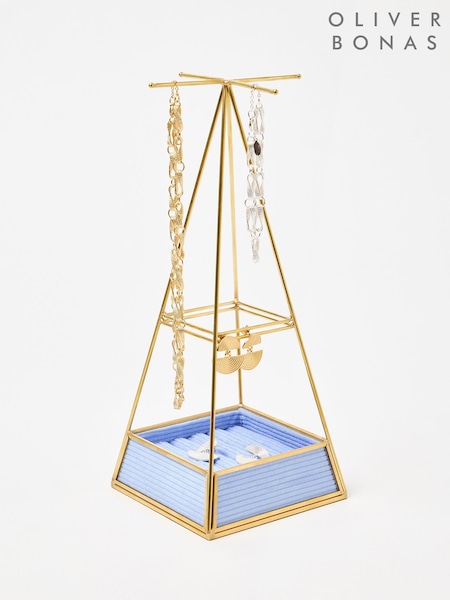 Oliver Bonas Blue Glass and Gold Velvet Pyramid Jewellery Stand (F14201) | £35