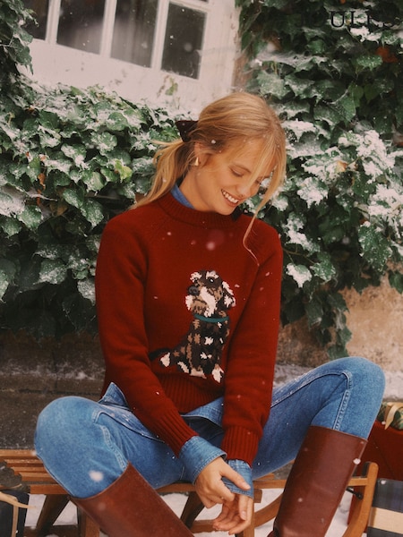 Joules Intarsia Red Dachshund Dog Cotton Blend Regular Fit Jumper (F14456) | £69