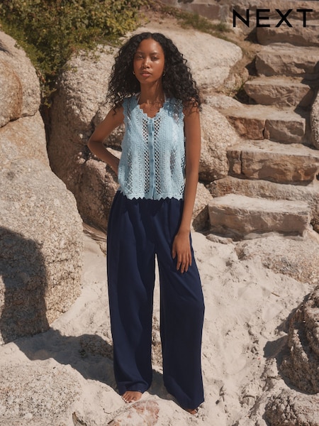 Navy Solid Wide Leg Trousers with Linen (F14460) | £22