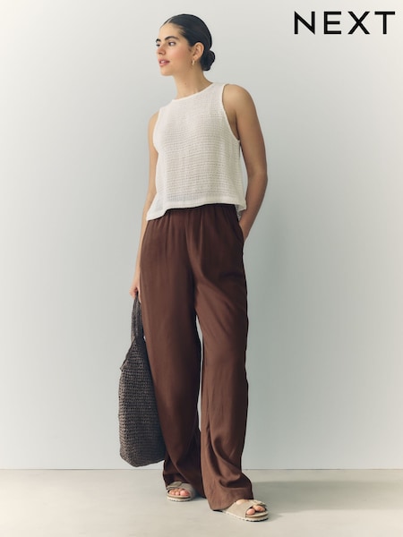 Chocolate Brown Wide Leg Trousers with Linen (F14462) | £22